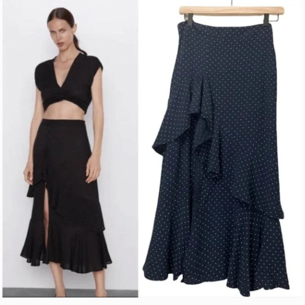 Zara polka dots layer midi skirt red dots black skirt S NWT
